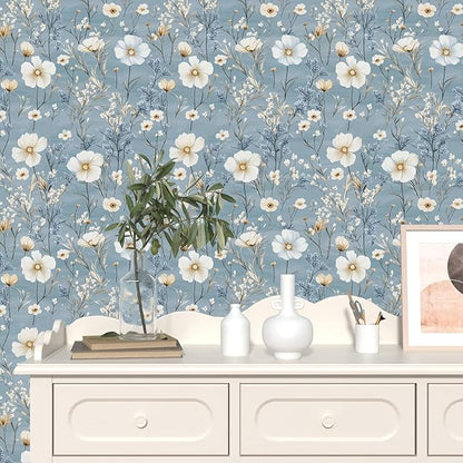 Laatse Blue Floral Peel and Stick Wallpaper White Botanical Contact Paper Vintage Leaf Wall Mural for Bedroom Bathroom Vinyl Waterproof Self Adhesive Removable Renter Dorm Wall Paper 17.5" x 118"
