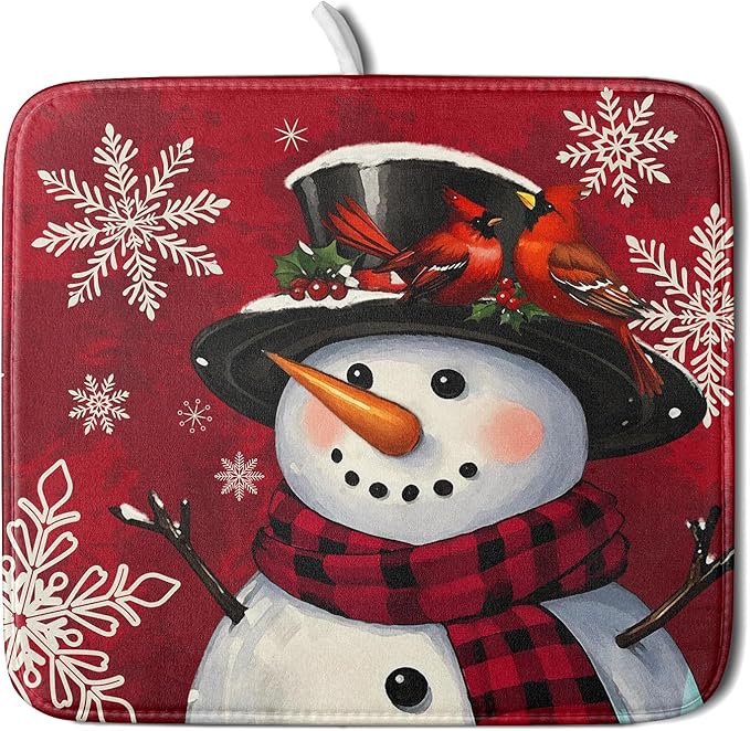 Christmas Snowman Dish Drying Mat for Kitchen Counter 16x18 Xmas Snowflake Winter Holiday Dark Red Absorbent Reversible Microfiber Drying Mats Kitchen Countertop Protector Dishes Drainer Rack Pad