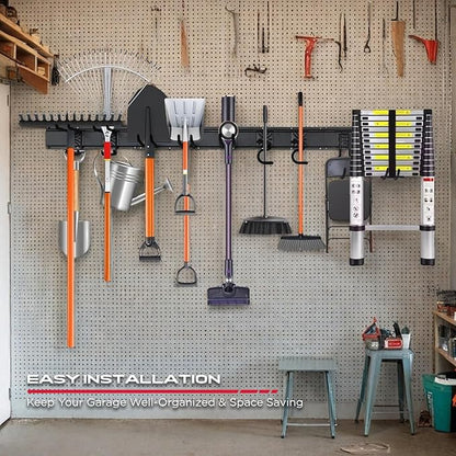 SEDY 64" Heavy Duty Garage Storage Tool Organizer Wall Mount - Tool Rack with Adjustable Hooks, Anti-Rust, 300lbs Capacity - Easy Installation (10 Hooks, 4 Rails, 3 Straps)