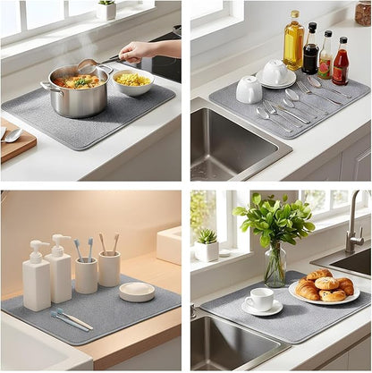 Microfiber Dish Drying Mat, Dish Drying Mat for Kitchen Counter, Super Absorbent Kitchen Dish Drying Pad, Coffee Bar Mat with Rubber Backed for Countertop Dishes Utensils, 16 x 12 Inch, Gray