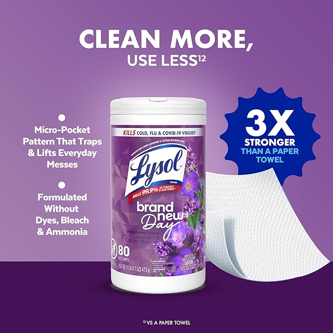 Lysol Disinfectant Wipes, Multi-Surface Antibacterial Wipes For Disinfecting, Dorm Room Essentials, Cleaning Supplies for Home, Bathroom, Lavender & Cotton Blossom Scent, 80 Count