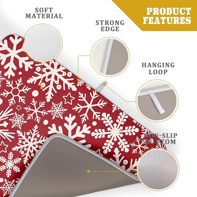 Christmas Dish Drying Mat for Kitchen Counter 18x24 Dark Red Snowflake Winter Xmas Holiday Absorbent Reversible Microfiber Drying Mats Kitchen Countertop Protector Dishes Drainer Pad