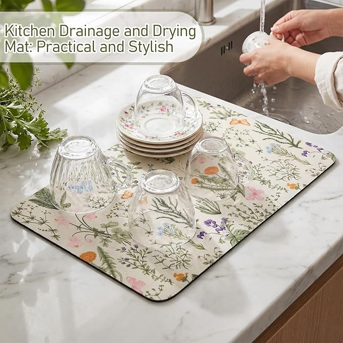 LemonRoad Dish Drying Mat for Kitchen Counter, 12"x20" Absorbent Coffee Bar Mat with Spring Floral Design, Fast-dry Diatomite Drainer Drying Mats with Non-slip Backing for Kitchen Sink Countertop