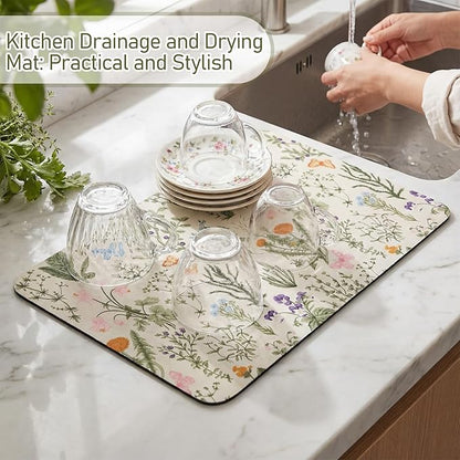 LemonRoad Dish Drying Mat for Kitchen Counter, 12"x20" Absorbent Coffee Bar Mat with Spring Floral Design, Fast-dry Diatomite Drainer Drying Mats with Non-slip Backing for Kitchen Sink Countertop