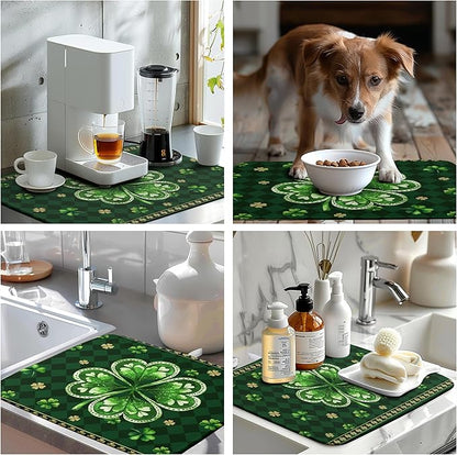 St Patrick's Day Shamrock Dish Drying Mat Green Spring Kitchen Dish Drying Pad Absorbent Dish Dryer Mat for Kitchen Countertops Microfiber Dishes Drainer Pad Dish Drying Rack Mat (18x24 in)
