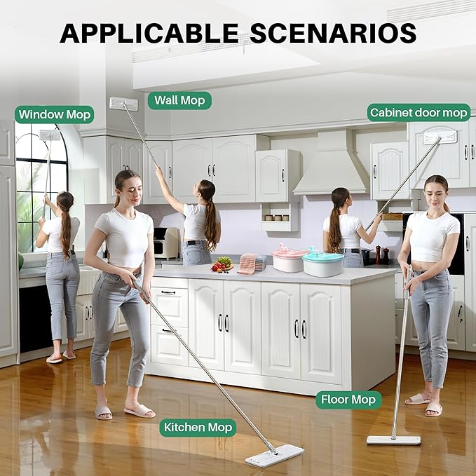 JOYMOOP Flat Mops, Microfiber Mop for Floor Cleaning and Wall Cleaner, 50" Mop Handle with Flexible 13" Flat Head with a Microfiber Mop Pad - White