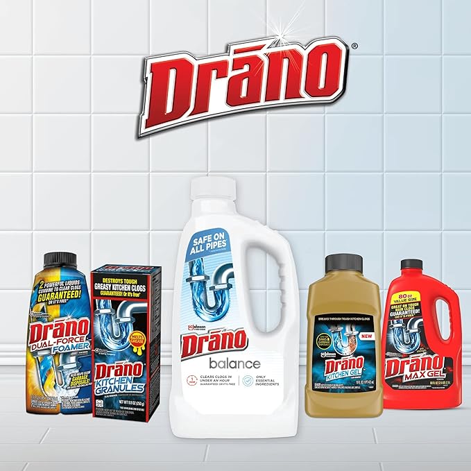 Drano Balance Drain Clog Remover and Cleaner, Non-Corrosive Formula, Safe on All Pipes and Septic Tanks, Formulated Using Only Essential Ingredients, 32 Fl Oz (Pack of 2)