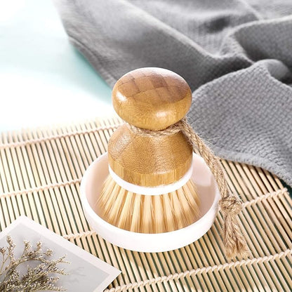 Boao 3 Pieces Bamboo Dish Scrub Brush and 1 Holder Natural Wooden Kitchen Cleaning Scrubbers Durable Bamboo Palm Household Pot Scrubber Brush for Dishes Pots Pans Kitchen Sink Cleaning