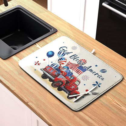 4th of July Drying Mat for Kitchen Counter 18 x 24 Inch US Independence Day Patriotic Truck Dish Drying Mat Polyester American Flag Dish Drainer Mat Super Absorbent Dish Rack Pad for Coffee Bar Sinks