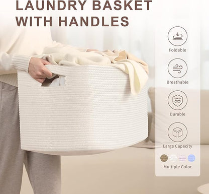 86L Large Baby Girls Laundry Basket for Nursery Storage,Cute Woven cotton Rope Baskets for Kids Toy，Gifts, Boho Square Wicker Blanket hamper for Living Room,Bedroom Dirty Clothes, White