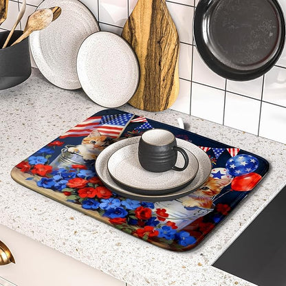 4th of July Dish Drying Mat Patriotic Cats Dish Drying Rack Mat for Kitchen Counter Small