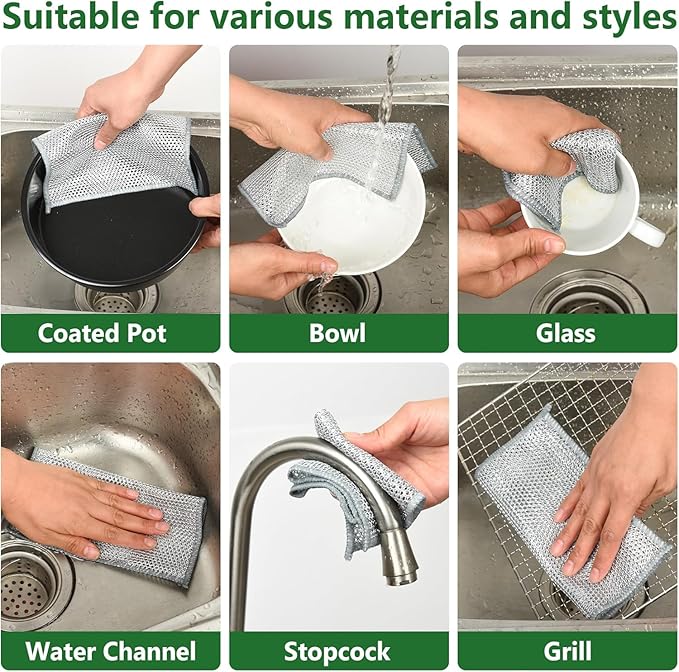 Multipurpose Wire Dishwashing Rags - 5Pcs Non Scratch Wire Dishcloths | Double Layered Microfiber Cleaning Cloths | Reusable Steel Metal Wire Cloth Mesh Miracle Cleaning Cloths for Home and Kitchen