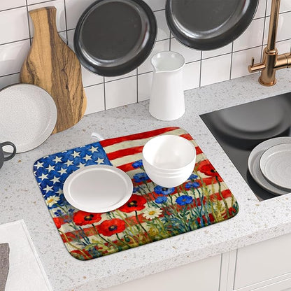 Patriotic American Flag Dish Drying Mat for Kitchen Counter 16x18 4th of July Red Blue White Floral Rustic Absorbent Reversible Microfiber Drying Mats Kitchen Countertop Protector Dishes Drainer Pad