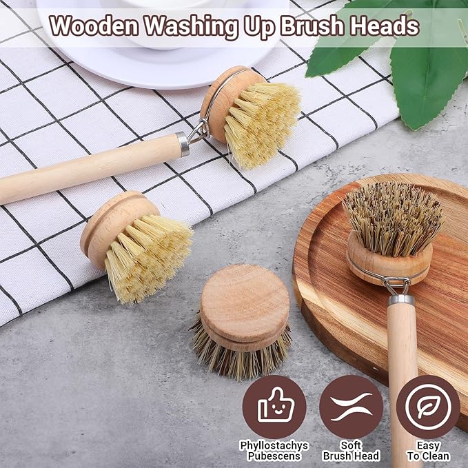 14pcs Dish Brush Replacement Heads Set with 2 Handles, 6 Sisal & 6 Coir Bristle Brush Heads for Kitchen Cleaning – Natural Wooden Scrubbers for Pots, Pans, Dishes – Eco Friendly