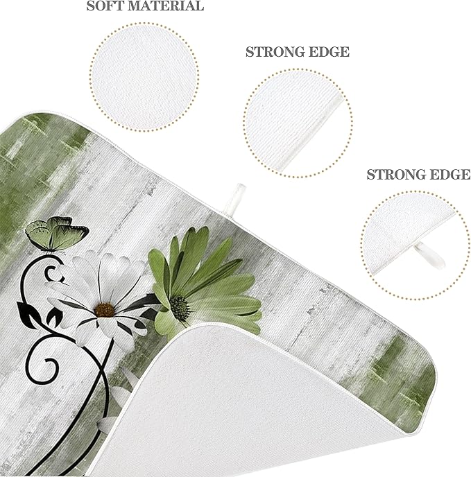 Floral Dish Drying Mat 18x24 Inches For Kitchen Counter Sage Green Daisy Flower Kitchen Decoration Drying Mat Modern Decorative Drying Pad For Home Kitchen Decor,Dining Room,Office Decor
