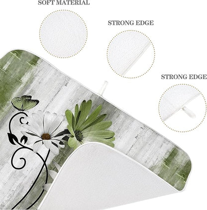 Floral Dish Drying Mat 18x24 Inches For Kitchen Counter Sage Green Daisy Flower Kitchen Decoration Drying Mat Modern Decorative Drying Pad For Home Kitchen Decor,Dining Room,Office Decor