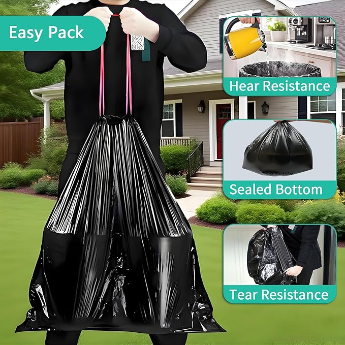 Tear-Free Trash Bags 13 Gallon,Black Drawstring Kitchen Garbage Bags,13+ Gallon Tall Kitchen Trash Bag Unscented,Large Bathroom Garbage Bag (100)