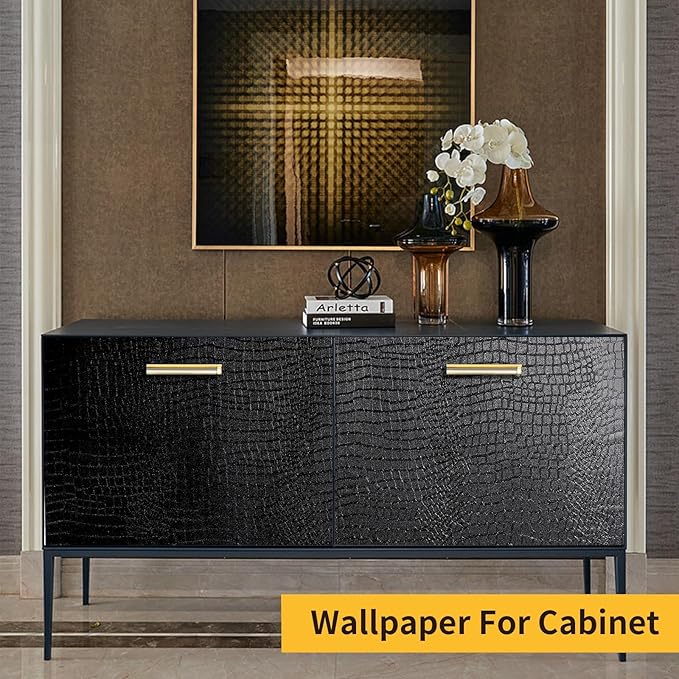 Black Peel and Stick Wallpaper, 15.7'' X 118'' Crocodile Wallpaper Embossed Easy off Self Adhesive Removable Contact Paper Textured for Cabinet Bedroom with Knife Tape Measure (Cismmy 0001)