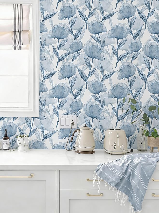 Heroad Boho Peel and Stick Wallpaper Blue Large Floral Contact Paper Modern Wall Paper Cabinets Waterproof Removable Self Adhesive Wallpaper for Bathroom Vinyl Roll 17.3"x196"
