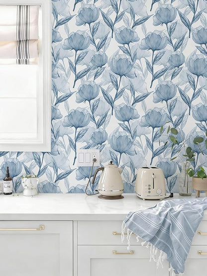 Heroad Boho Peel and Stick Wallpaper Blue Large Floral Contact Paper Modern Wall Paper Cabinets Waterproof Removable Self Adhesive Wallpaper for Bathroom Vinyl Roll 17.3"x196"