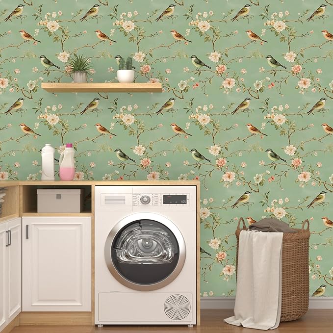 Laatse Green Floral Wallpaper Peel and Stick Bird Wallpaper Pink Flower Contact Paper 17.5" × 118" Waterproof Vinyl Self Adhesive Vintage Wall Paper for Bedroom Walls Cabinet Locker Decor