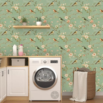 Laatse Green Floral Wallpaper Peel and Stick Bird Wallpaper Pink Flower Contact Paper 17.5" × 118" Waterproof Vinyl Self Adhesive Vintage Wall Paper for Bedroom Walls Cabinet Locker Decor