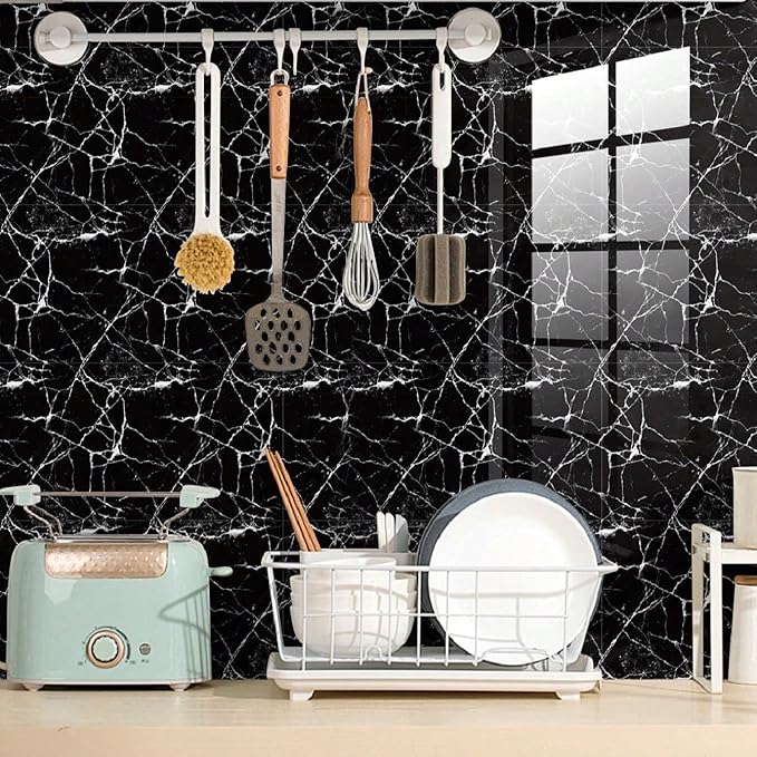 Chejiaye 10pcs Marble Peel and Stick Waterproof Wall Panels,Heat-Resistant Backsplash Tile, 23.6"x11.8" PVC Foam Wall Sticker for Kitchen,Living Rooms,TV Walls,Black (Not Real Tile 19.4Sq. Ft.)