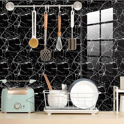 Chejiaye 10pcs Marble Peel and Stick Waterproof Wall Panels,Heat-Resistant Backsplash Tile, 23.6"x11.8" PVC Foam Wall Sticker for Kitchen,Living Rooms,TV Walls,Black (Not Real Tile 19.4Sq. Ft.)