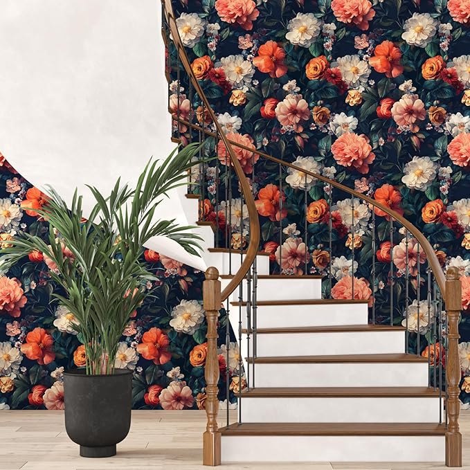 Vintage Black Floral Wallpaper, Retro Dark Colorful Flower Self Adhesive Contact Paper for Cabinet Bathroom Powder Room, Vinyl Moody Boho Botanical Flower Design Accent Wall Art 17.5In x 118In