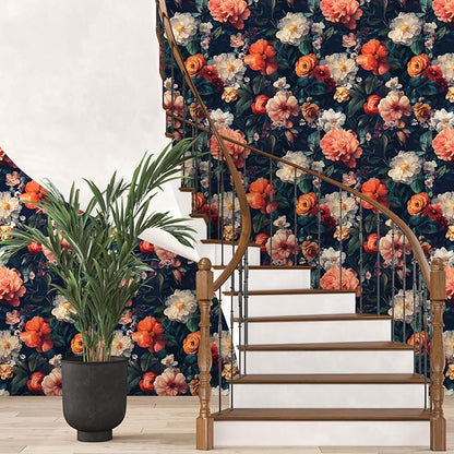 Vintage Black Floral Wallpaper, Retro Dark Colorful Flower Self Adhesive Contact Paper for Cabinet Bathroom Powder Room, Vinyl Moody Boho Botanical Flower Design Accent Wall Art 17.5In x 118In