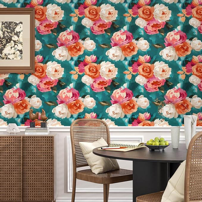 Watercolor Floral Wallpaper Peel and Stick, Blue and Pink Rose Flower Contact Paper Removable Waterproof Self-Adhesive Wall Paper for Bedroom Countertop Desk Cabinets Decor 17.4" x 78" Renter Friendly