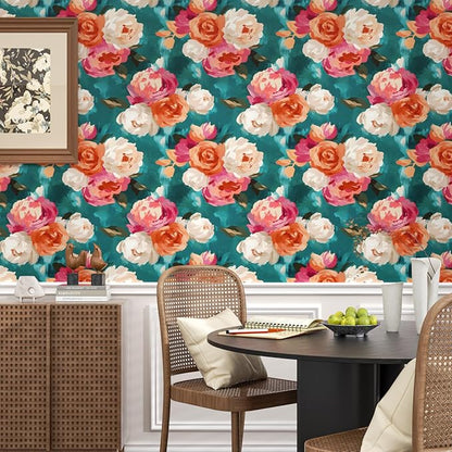 Watercolor Floral Wallpaper Peel and Stick, Blue and Pink Rose Flower Contact Paper Removable Waterproof Self-Adhesive Wall Paper for Bedroom Countertop Desk Cabinets Decor 17.4" x 78" Renter Friendly