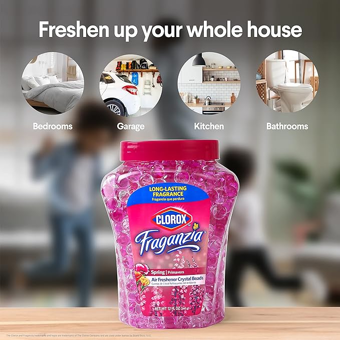 Clorox Fraganzia Crystal Beads Air Freshener, Long Lasting Room Deodorizer and Odor Eliminator Gel Beads to Freshen Home, Car, or Office, Spring Scent, 12 Fl Oz