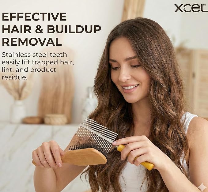 XCEL 2-in-1 Hair Brush Cleaner Tool, Dual-Sided Remover Comb for Removing Hair & Dust Buildup from Paddle, Boar Bristle & Detangling Brushes for Home & Salon Use
