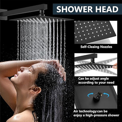 Aolemi Shower Faucet Set Rain Shower System with Handheld Spray Bathroom Shower Combo Rough-in Valve and Shower Trim Kit Included Matte Black 10 Inch Wall Mount Shower Head