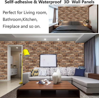 3D Brick Wall Panels Peel and Stick,10 Pack Self-Adhesive PVC Wall Tiles, Waterproof Textured Decor for Living Room, Kitchen, Bedroom, Office Accent (4Lines Seamless Brown Stone)