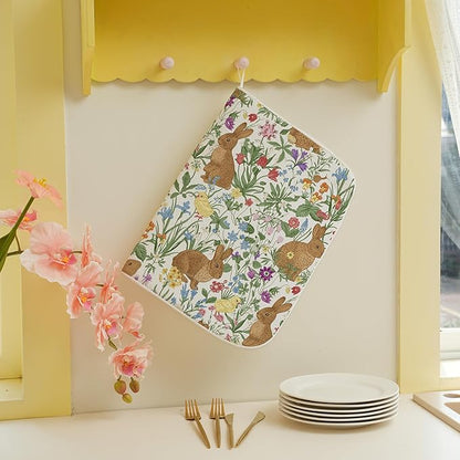 Spring Dish Drying Mat 18x24 Inches For Kitchen Counter Absorbent Brown Rabbit Floral Kitchen Easter Bunny Flower Drying Mat Pad For Home Kitchen,Dining Room,Office Decoration