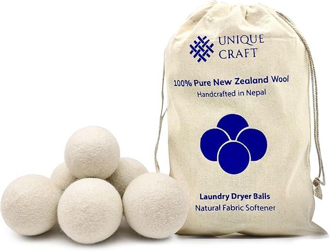Unique Craft Wool Dryer Balls for Fewer Wrinkles - Reusable Dryer Wool Balls for Saves Drying Time, Chemical-Free Premium New Zealand Fabric Softener Balls | White (Pack of 6)