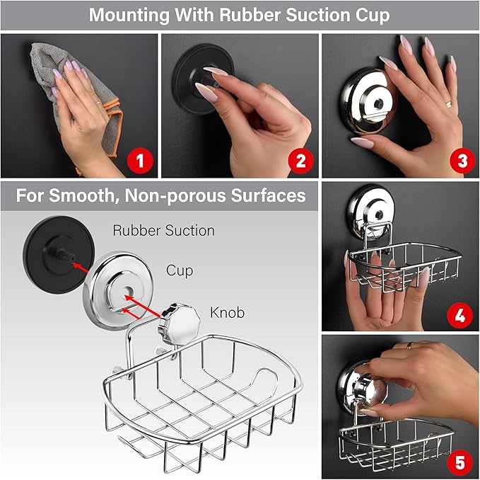 HASKO Suction Cup Soap Dish for Shower Wall, Rustproof Stainless Steel Shower Soap Holder for Bathroom with Hooks and Soap Saver, Includes Optional No Drill Adhesive Mount, Silver