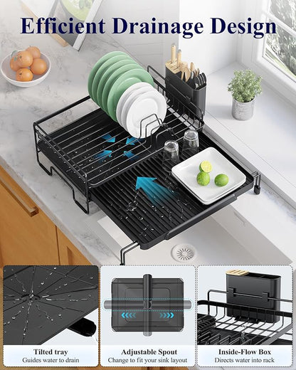 Kitsure Extendable Dish Drying Rack - Adjustable Length 12.8"–21.0", Auto-Draining Dish Rack for Kitchen Counter, Rust-Resistant Metal Frame Over-Sink Support for Plates, Bowls & Utensils, Black