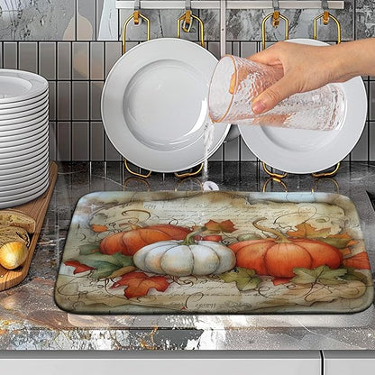Fall Pumpkin Maple Leaf Dish Drying Mat for Kitchen Counter 16x18 Inch Vintage Autumn Leaves Thanksgiving Drying Mat Seasonal Ultra Absorbent Dish Drainer Rack Mats for Coffee Bar Kitchen