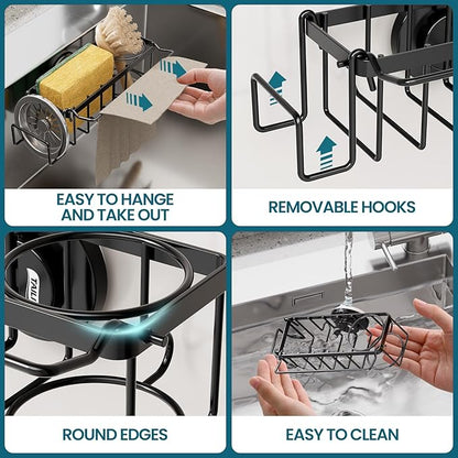 TAILI Sponge Holder with Strong Suction Cup, 4-in-1 Rustproof Sink Organizer - Sink Caddy Holds Sponges, Brushes, Stoppers & Scrapers -Black