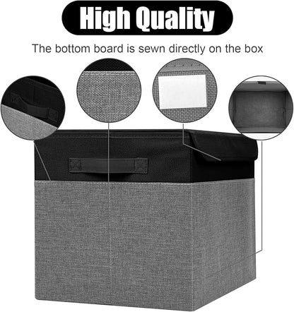 Large 42 Quarts Fabric Storage Bins with Lids [2-Pack] Linen Collapsible Foldable Storage Cubes, Closet Organizer Containers boxes with Handles for Home Office (16.7 x 12 x 12, Black & Gray)