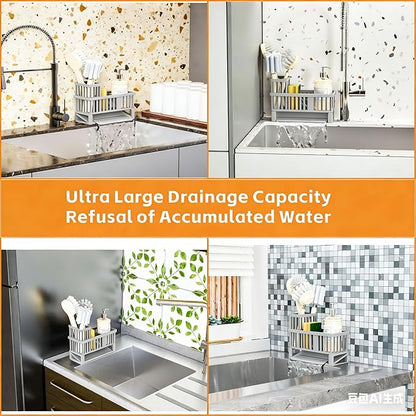 Yieach Rustproof Sink Caddy & Kitchen Sink Organizer,Plastic Dish Sponge Holder with High Scrub Brush Holder,Sponge Rack for Kitchen Sink,Multifunctional Sponge Drain Rack,Dish Soap Caddy & Dispenser