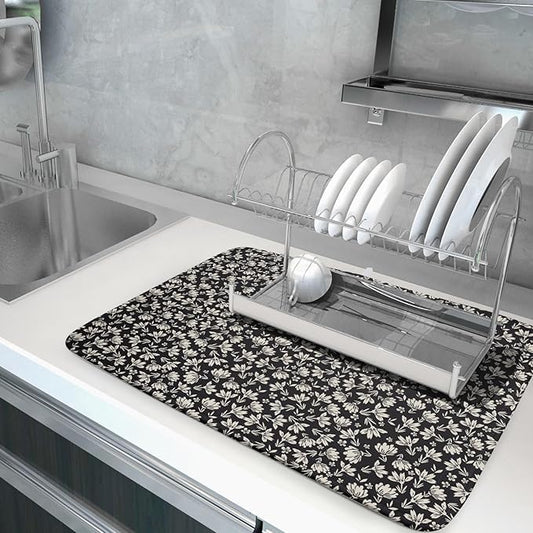 Floral Dish Drying Mat for Kitchen Counter 24x18 Inch Black Flower Drying Mat with Absorbent Reversible Microfiber Holiday Season Spring Dish Drainer Mats Rack Pad for Coffee Countertop Protector