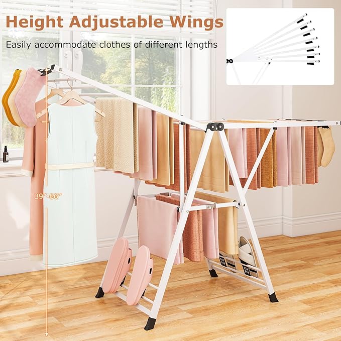 Giantex Clothes Drying Rack, Foldable Metal Laundry Drying Rack with Height Adjustable Wings, 16 Drying Rails, Sock Clips & Shoe Racks, Freestanding Clothing Stand for Indoor & Outdoor, White