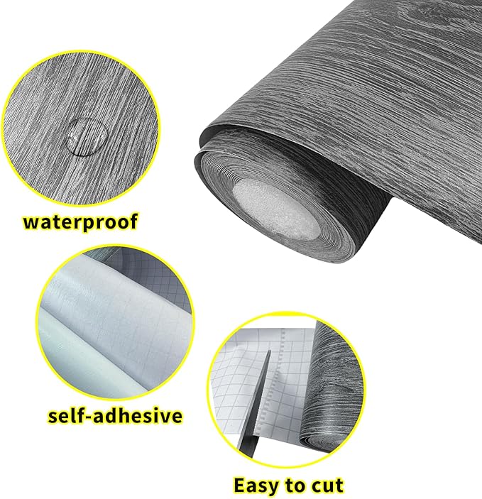 Teemall 10M Black Wood Grain Removable PVC Waterproof Border Wall Decor Removable Self Adhesive Kitchen Bathroom Tiles Sticker Wallpaper 4.2x390 (Dark Gray, 2" x 390")