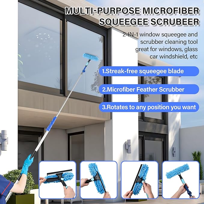 High Reach Cleaning Kit with 12FT Telescoping Pole - Ceiling Fan & Microfiber Feather Dusters, Cobweb Brush, Window Squeegee & Washer