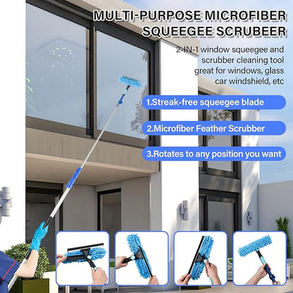30 FT High Reach Cleaning Kit with 7-30 Foot Telescoping Extension Pole, Flexible Ceiling Fan Duster, Microfiber Feather Duster, Cobweb Duster & Window Squeegee & Washer