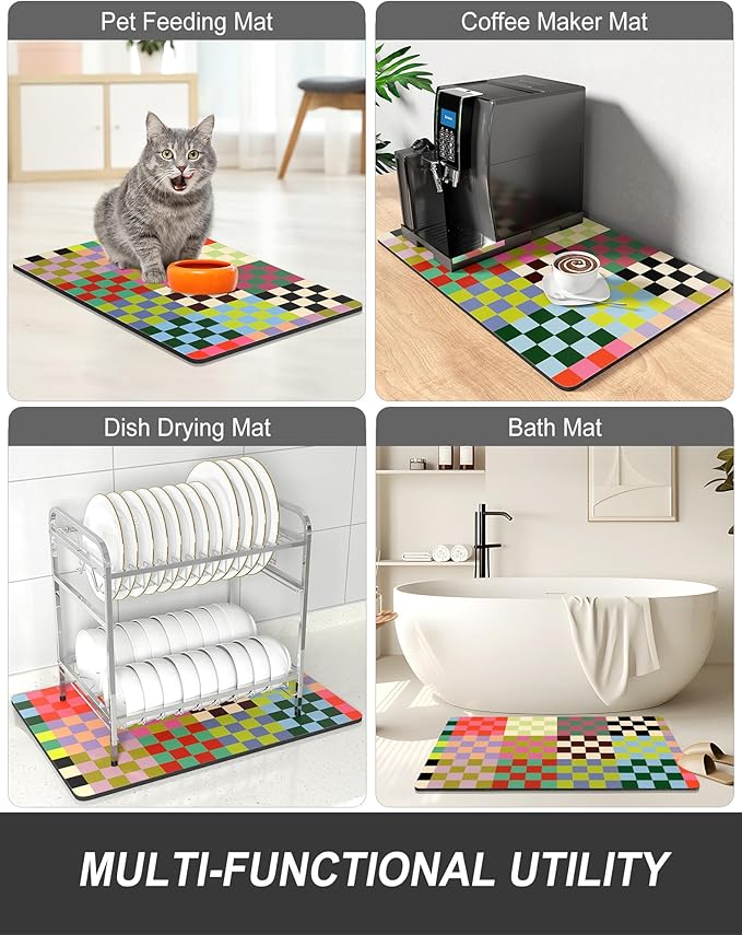 Rnivvi Dish Drying Mat for Kitchen Counter, 12 x 19" Cute Checkered Absorbent Draining Pad, Non-Slip Heat Resistant Coffee Bar Mats for Coffee Machine Station Accessories, Colorful Dish Rack Pad